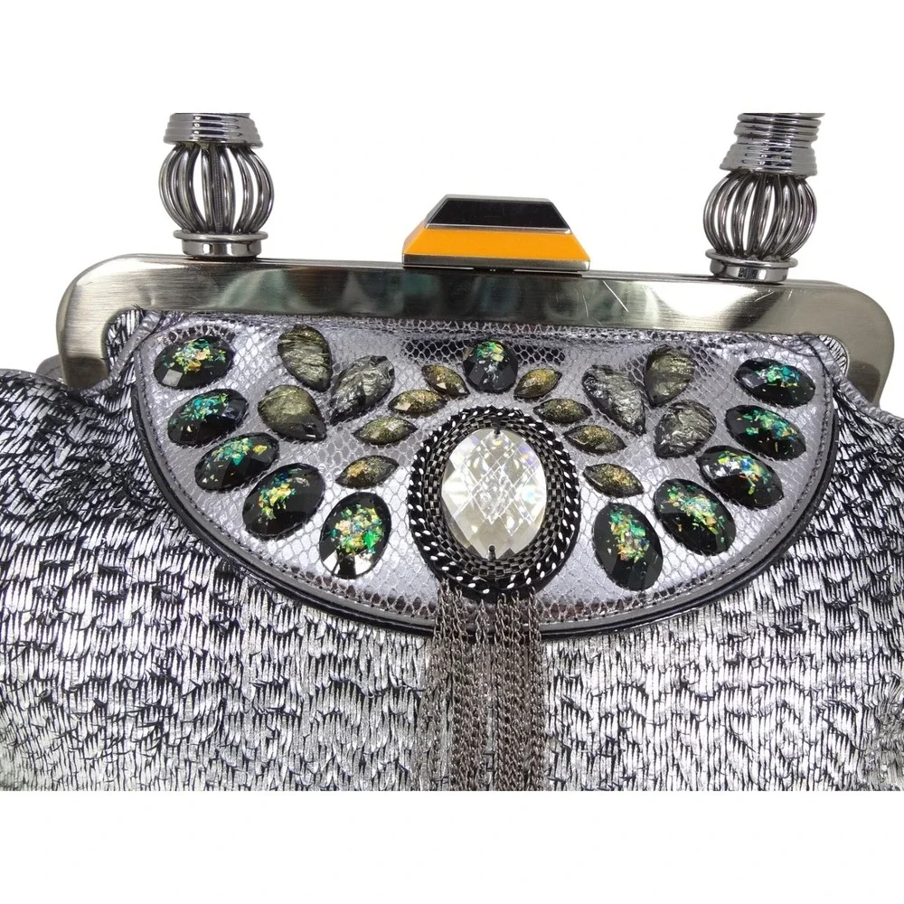 Original by Sharif Silver Metallic Embellished Evening Bag Tassel Frame‎ Purse